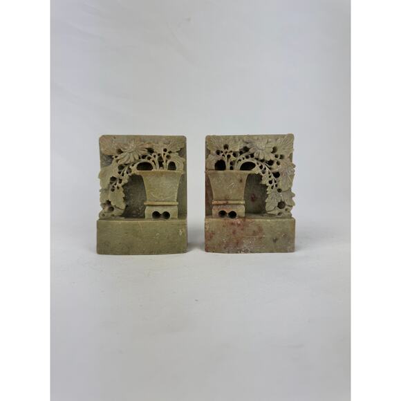 Vintage Hand Carved Soapstone Asian Crysanthemum Bookends Home Decor - Set of 2 - Picture 1 of 8